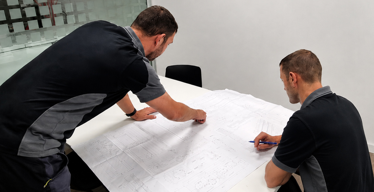 Equipo técnico revisando planos industriales en Loiolan