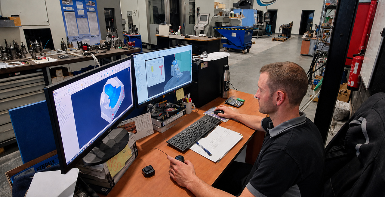 Técnico preparando la programación CAD/CAM para mecanizado CNC en Loiolan
